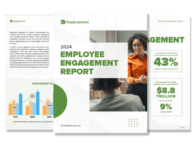 Three page spread previewing the contents of the Employee Engagement Report.