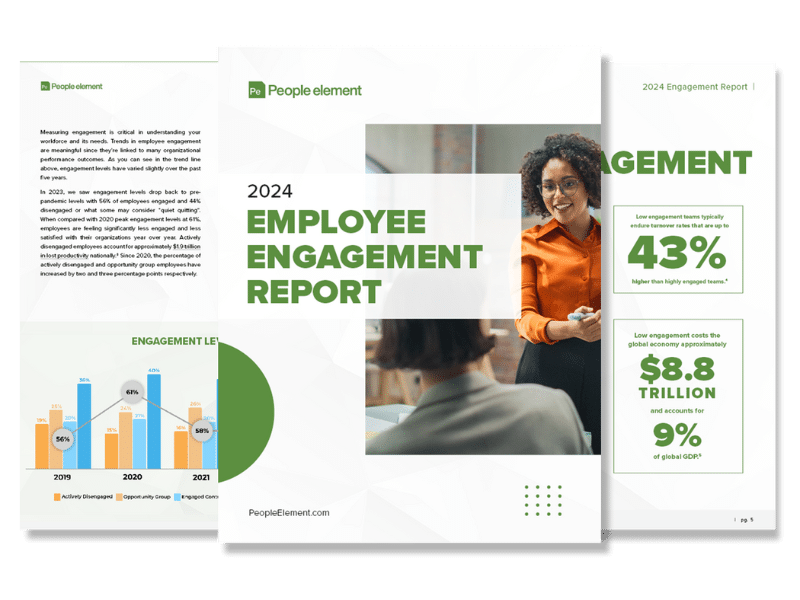 Three page spread previewing the contents of the Employee Engagement Report.